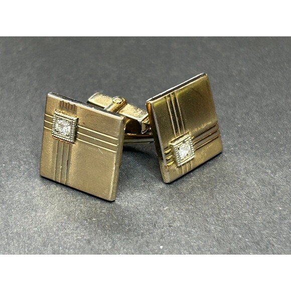 Anson Gold Tone Cubic Zircon Cufflinks Geometric Square Anson Pat Pend - Picture 2 of 9